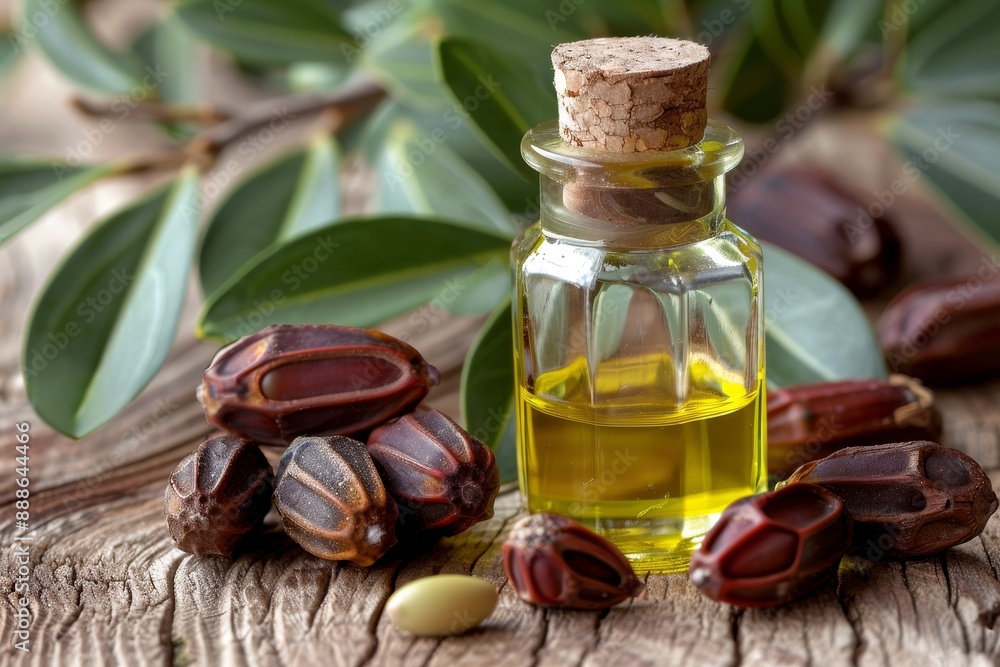 Jojoba seeds and oil displayed on table Jojoba seeds and oil displayed on table