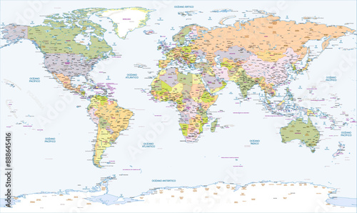 Detailed political physical world mar Spanish language labeled 