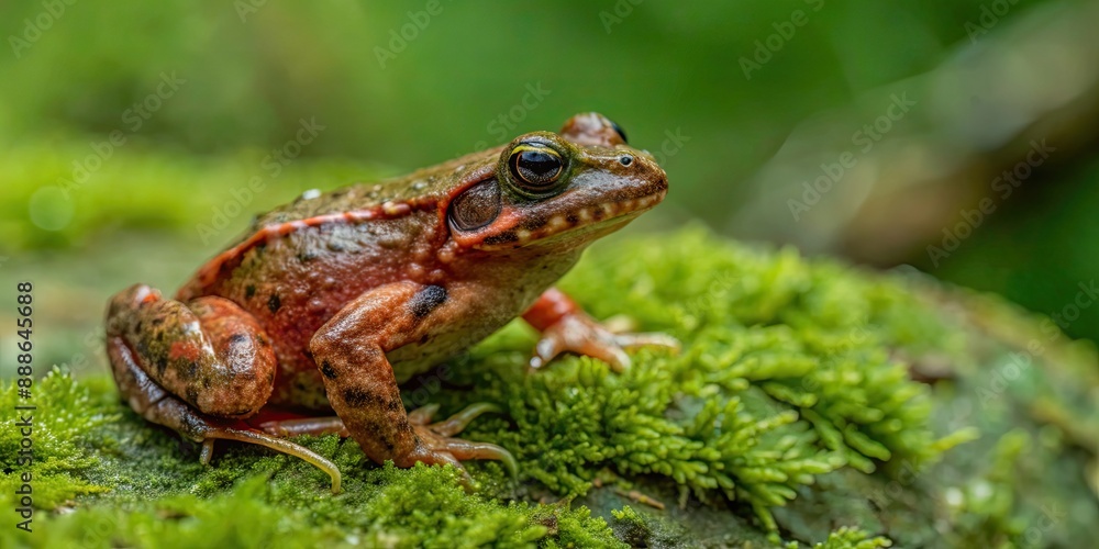 Vibrant red Pyrenean frog on a mossy rock , amphibian, wildlife, colorful, nature, mountains, France Vibrant red Pyrenean frog on a mossy rock , amphibian, wildlife, colorful, nature, mountains, France