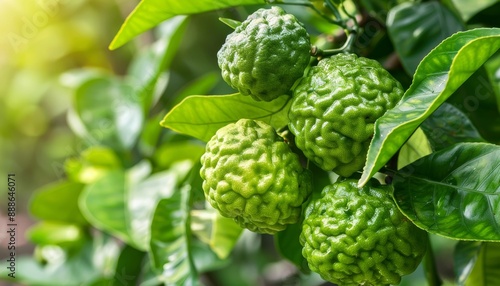 Large green fruits named Bergamot or bergamia on summer tree with leaves