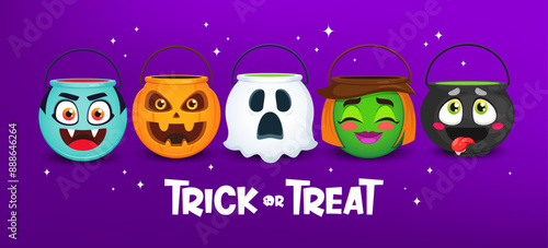 Halloween sweets buckets with funny faces of vector pumpkin, ghost, vampire, witch and cauldron monsters characters. Cartoon Halloween holiday horror night trick or treat baskets with scary smiles
