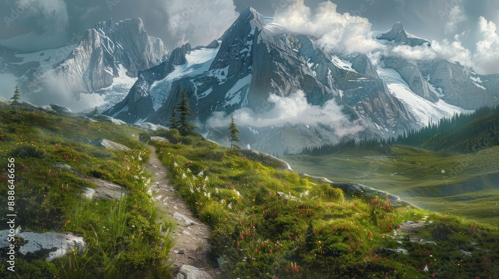 A hiking trail leading through a picturesque mountain landscape