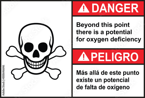 Danger beyond this point potential for oxygen deficiency sign with symbol. ANSI. Danger oxygen deficient atmosphere