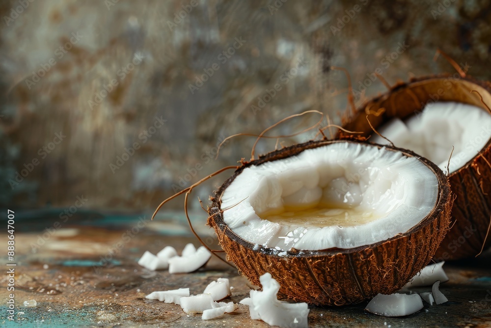 Liquid coconut oil on table Liquid coconut oil on table
