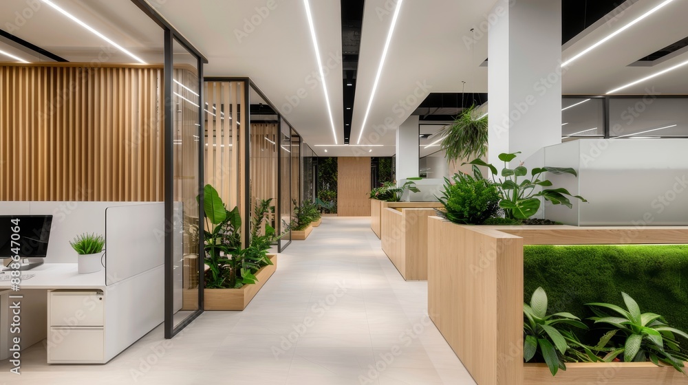 Obraz premium A creative workspace with a blend of organic elements like indoor plants and innovative design features, fostering a productive and natural environment