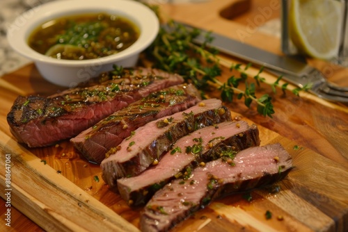 London broil steak marinated with herbs and spices and cooked medium rare