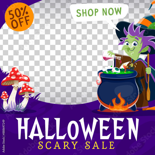 Halloween sale banner templates, witch and holiday sweets bucket. Autumn holiday sale promotion banner, Halloween seasonal discount vector flyer with witch character making magic potion in cauldron