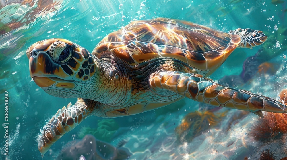 Fototapeta premium Turtle Swimming in Beautiful Coral Reef Waters