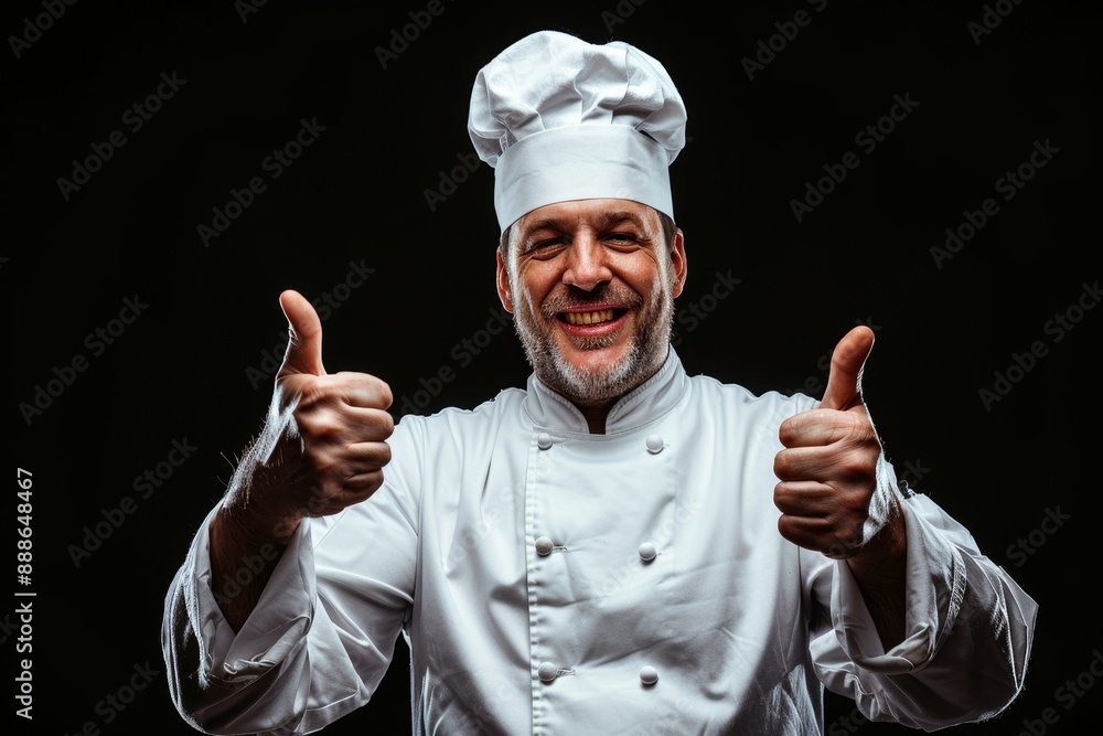 Male chef giving thumbs up on black background Male chef giving thumbs up on black background