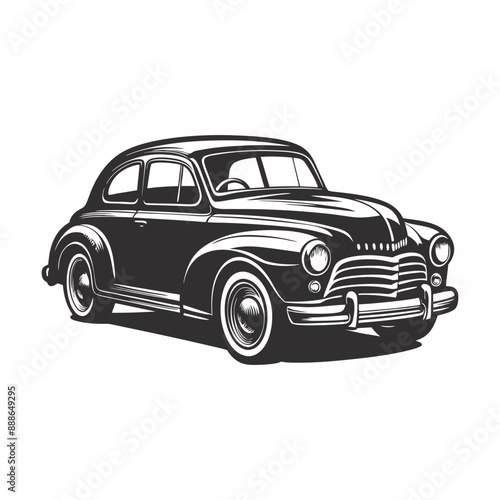 Classic vintage retro car engraving hand drawn illustration isolated white background