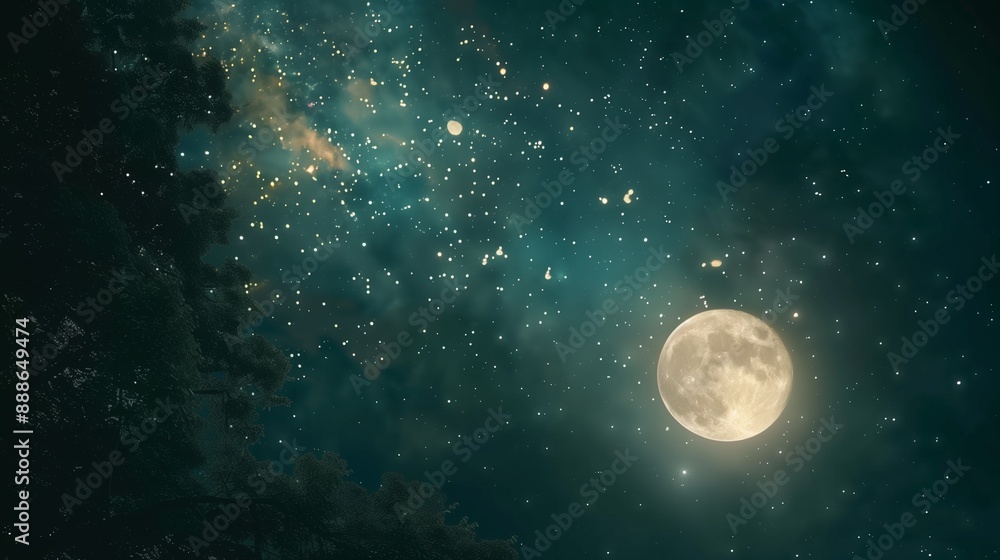 A captivating image of a full moon illuminating the night sky, adorned with countless sparkling stars and a hint of the Milky Way, framed by silhouetted tree branches A captivating image of a full moon illuminating the night sky, adorned with countless sparkling stars and a hint of the Milky Way, framed by silhouetted tree branches