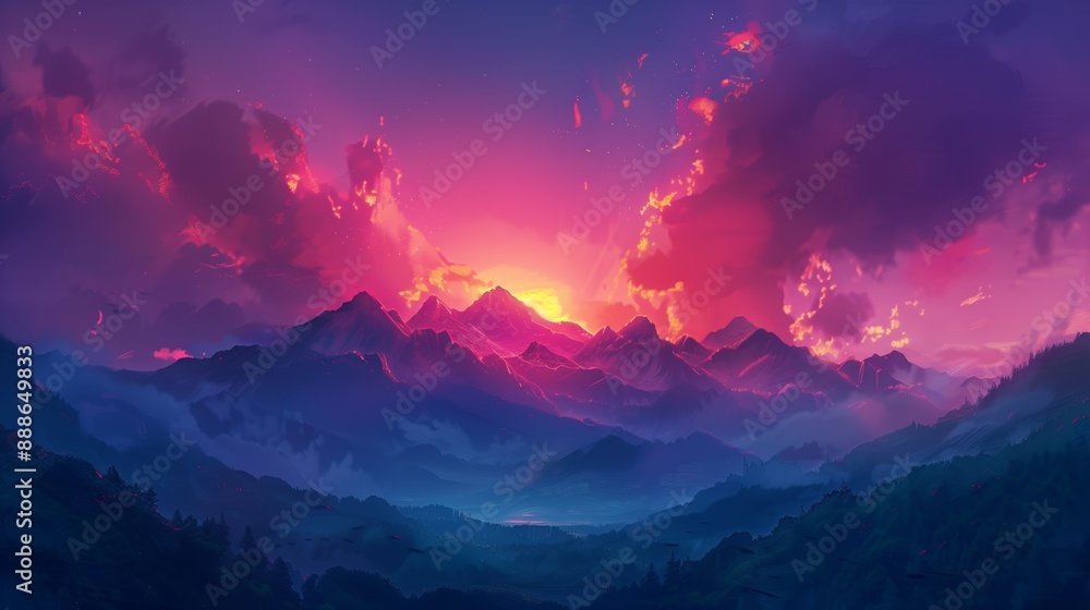 A stunning view of a sunset over majestic mountains, with vibrant colors illuminating the sky and casting a warm glow over the serene landscape below A stunning view of a sunset over majestic mountains, with vibrant colors illuminating the sky and casting a warm glow over the serene landscape below