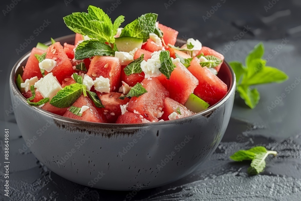 Melon salad with feta and mint served in a gray dish Melon salad with feta and mint served in a gray dish