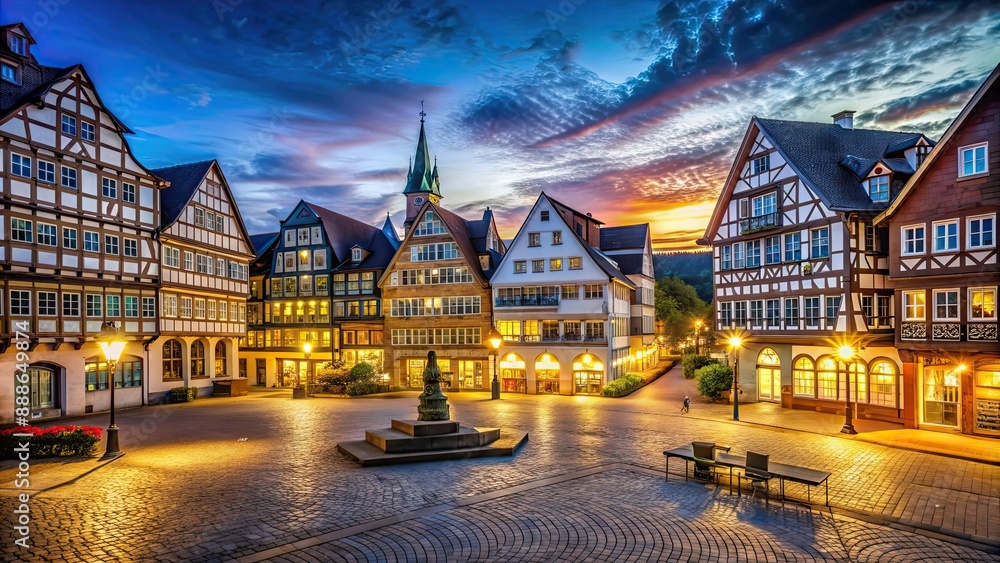 Obraz premium Vibrant night view of Attendorn city center with illuminated buildings and streets , Attendorn, Innenstadt, night