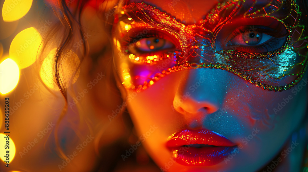 Portrait of a woman with mask at carnival party, featuring beauty and fashion elements with red lips and feather, embodying mystery and glamour Portrait of a woman with mask at carnival party, featuring beauty and fashion elements with red lips and feather, embodying mystery and glamour