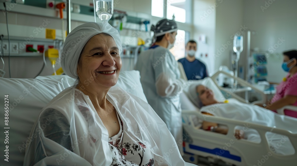A cheerful patient in a hospital recovery ward enjoys a moment of positivity, surrounded by attentive healthcare professionals, highlighting the supportive and compassionate care environment A cheerful patient in a hospital recovery ward enjoys a moment of positivity, surrounded by attentive healthcare professionals, highlighting the supportive and compassionate care environment