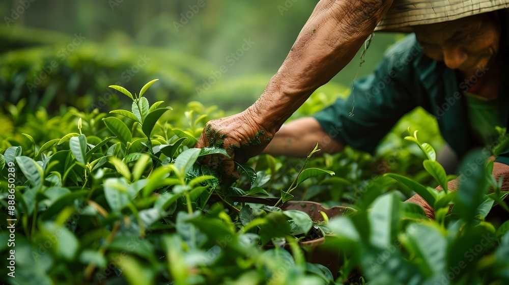Obraz premium Worker harvesting tender tea shoots in a traditional tea field