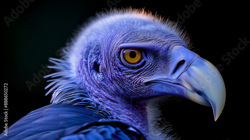 vulture with detailed feathers on a black background, exotic bird, close-up photo