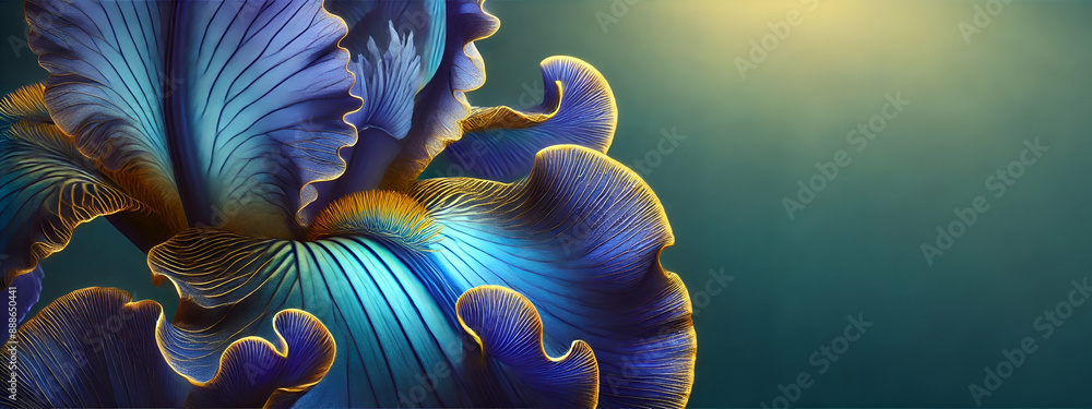 Obraz premium Close-Up of Deep Blue Iris Petals with Gold Accents on Purple to Green Gradient Background, Floral banner with copy space