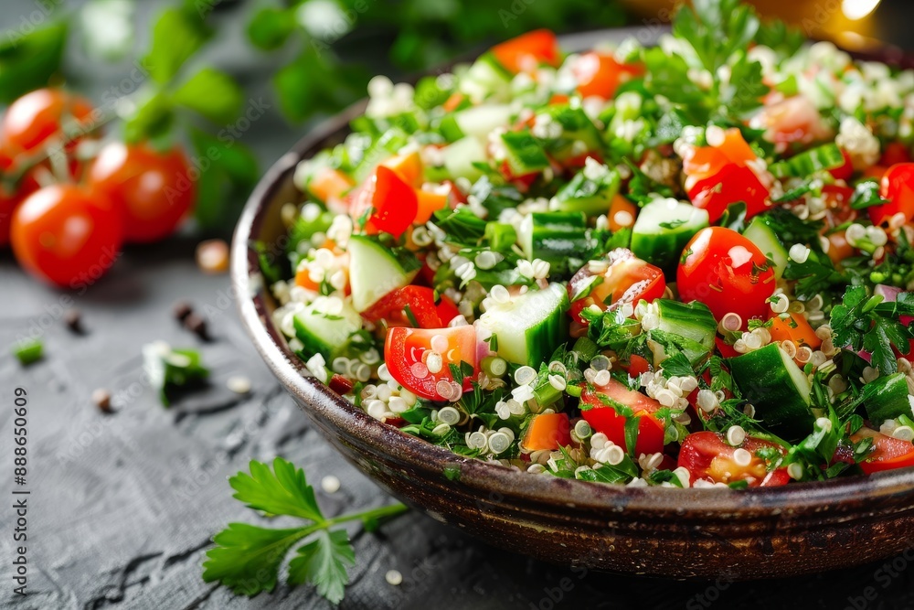 Middle eastern tabbouleh with quinoa parsley cucumber and cherry tomatoes Middle eastern tabbouleh with quinoa parsley cucumber and cherry tomatoes