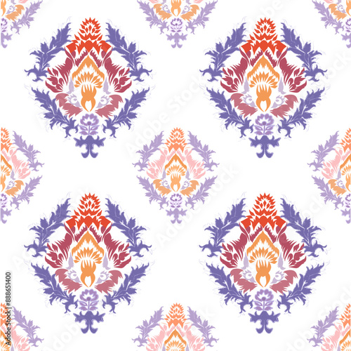 Seamless Ikat ethnic motif Textile illustration Pastel colored embroidery, printed pattern Floral ornaments, patterns, designs for wrapping, Silk, scarf, background, textile, carpet, rug, hand dra