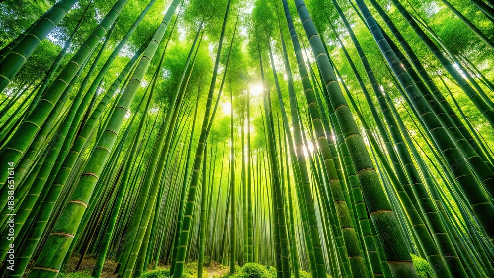 Lush green bamboo forest creating a serene natural background, Bamboo, Forest, Green, Foliage, Nature, Canopy, Tranquil, Asian