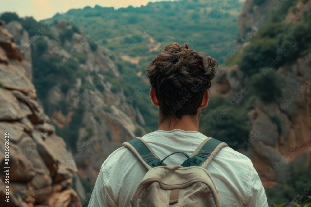 Adventurous Young Man with Climbing Equipment Standing in Front of Mountainous Background, Ready to Conquer the Summit Adventurous Young Man with Climbing Equipment Standing in Front of Mountainous Background, Ready to Conquer the Summit