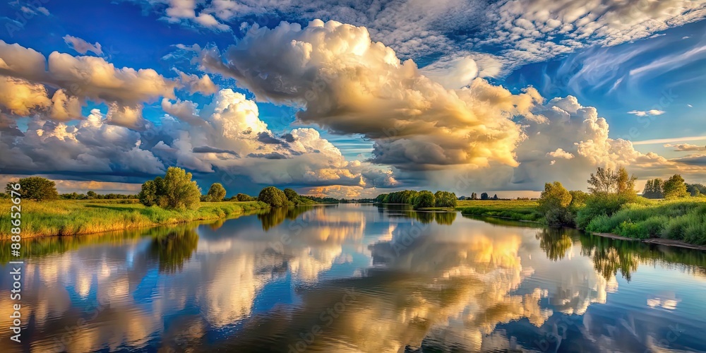 Fototapeta premium Majestic time clouds forming over a serene river , time, clouds, sky, river, scenic, tranquil, nature, weather