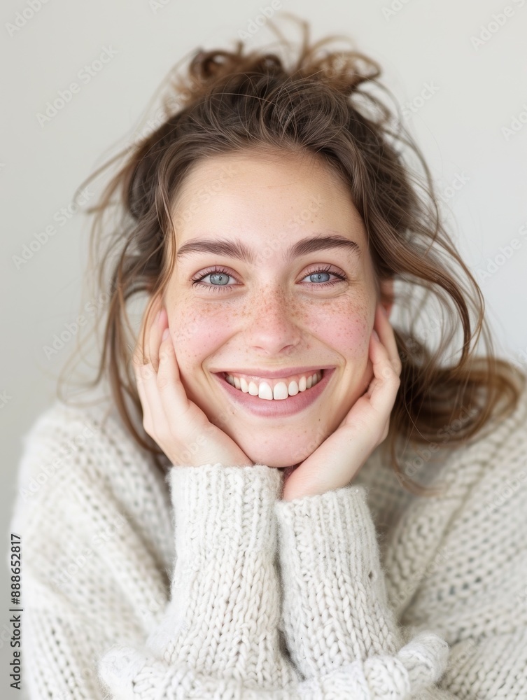 Radiant Woman Expressing Joy with Hands Framing Face and Big Smile in Portrait Photo Radiant Woman Expressing Joy with Hands Framing Face and Big Smile in Portrait Photo