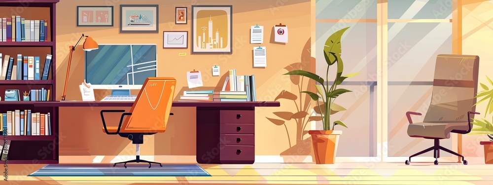 The interior of the workplace of an employee working remotely at home. Cartoon illustration.