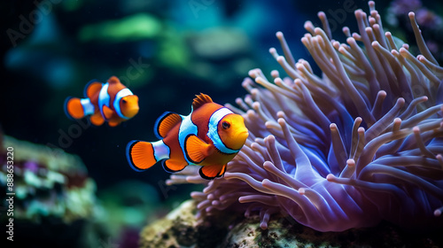 Clown Fish Swimming Among Colorful Corals in Ocean