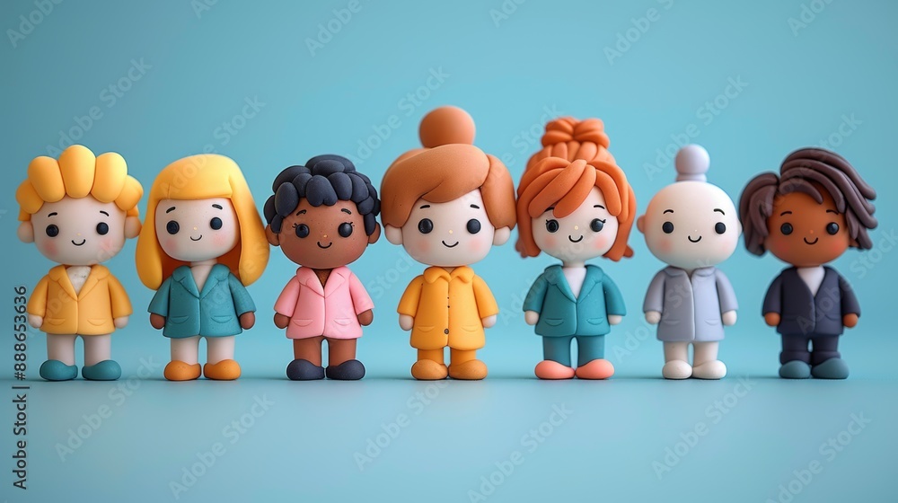 Playful Diverse Business Team in Kawaii Style Clay Figures, Collaborative Scene in Pastel Office Setting, Isolated on White Background with Dramatic Lighting Playful Diverse Business Team in Kawaii Style Clay Figures, Collaborative Scene in Pastel Office Setting, Isolated on White Background with Dramatic Lighting