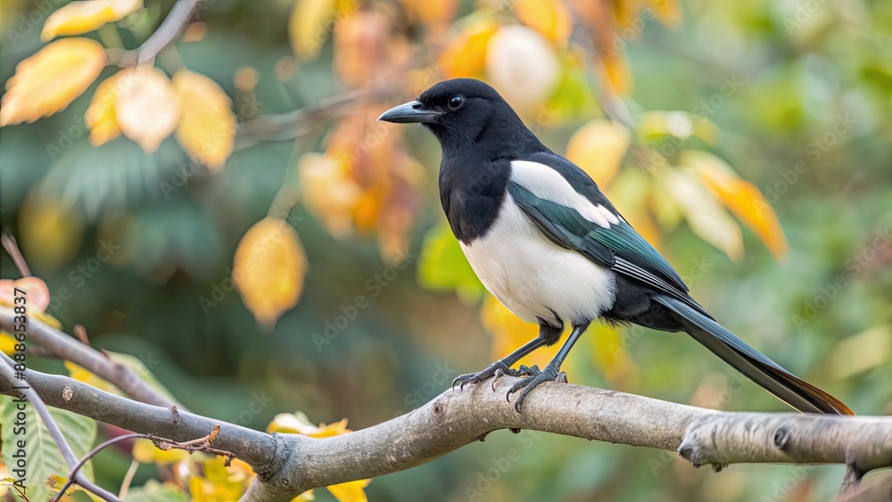 Magpie bird perched on autumn tree branch among leaves, blurred background, magpie, bird, autumn, tree branch, leaves Magpie bird perched on autumn tree branch among leaves, blurred background, magpie, bird, autumn, tree branch, leaves