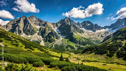 Fototapeta Naklejka Na Ścianę i Meble -  Majestic mountains in the Tatras with snowy peaks and lush green valleys, Tatras, mountains, landscape, nature, outdoors