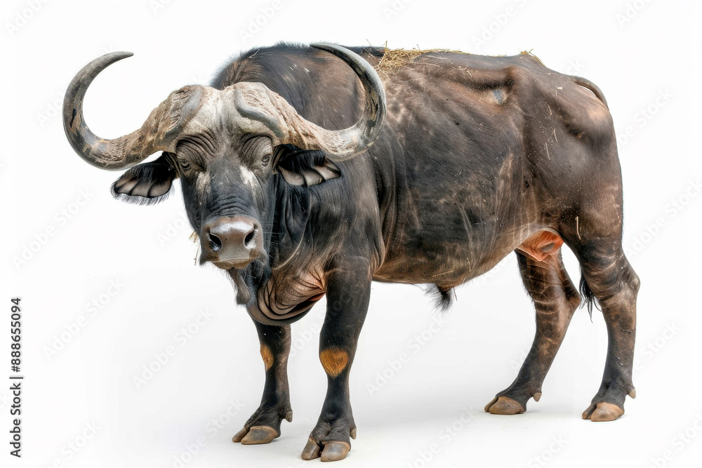 Obraz premium Portrait of a black buffalo on a white background, close-up