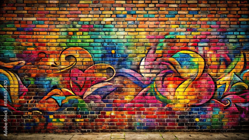 Fototapeta premium Grunge brick wall covered in colorful graffiti artwork, urban, street art, edgy, vandalism, decay, spray paint