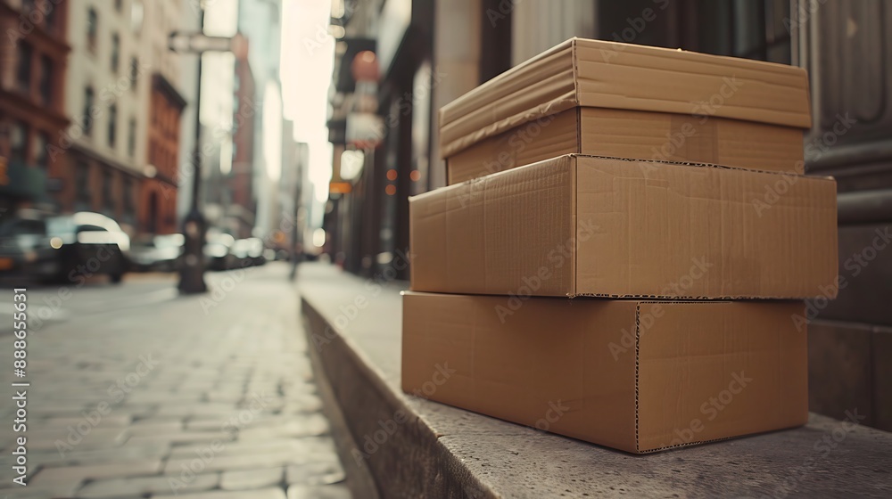 Brown cardboard packaging in city setting, close-up, high detail, sharp focus, street fashion concept. Brown cardboard packaging in city setting, close-up, high detail, sharp focus, street fashion concept.