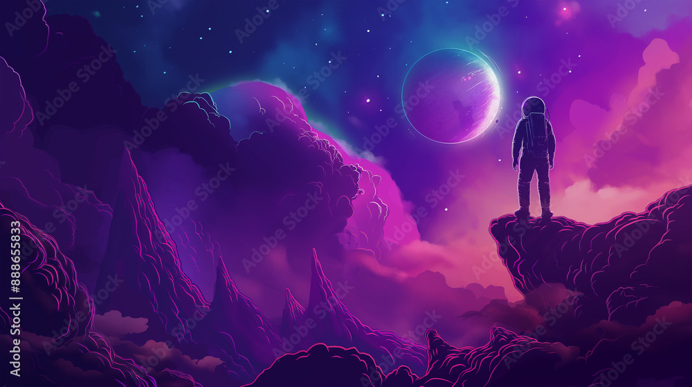 Fototapeta premium Game space planet with neon color and galaxy background, Illustration