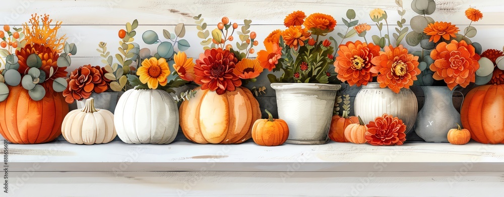 A row of potted flowers and pumpkins, a watercolor painting on a rough wooden board background, Halloween decorations, a detailed illustration. A row of potted flowers and pumpkins, a watercolor painting on a rough wooden board background, Halloween decorations, a detailed illustration.