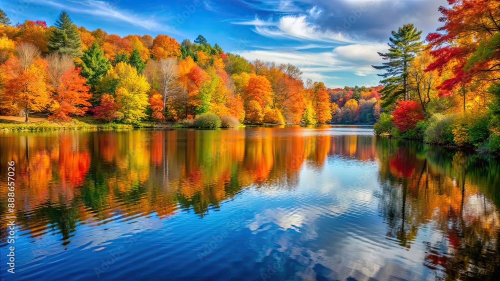 Fototapeta premium Vibrant autumn foliage around a tranquil lake, autumn, lake, foliage, colorful, serene, nature, leaves, reflection, peaceful