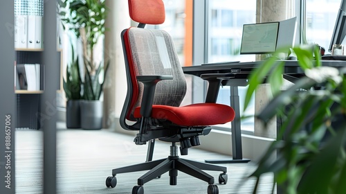 A comfortable ergonomic chair with adjustable armrests in a corporate office setting