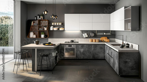 3d rendering white modern design kitchen. 3D rendering kitchen, white modern kitchen, kitchen interior design, 3D kitchen model, modern kitchen, white kitchen design, kitchen rendering,