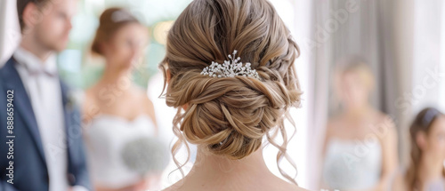 Bride with romantic half-up, half-down hairstyle, loose waves, sparkling tiara for fairytale wedding