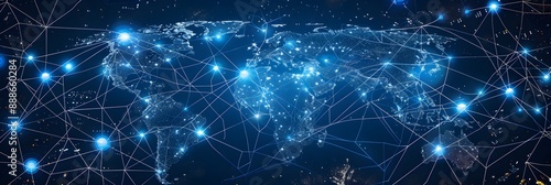 World map with a network of lines and nodes, representing the concept of global communication and connectivity