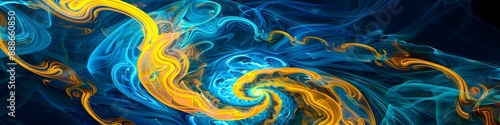 Vibrant neon yellow and blue spirals and curves forming a lively abstract design