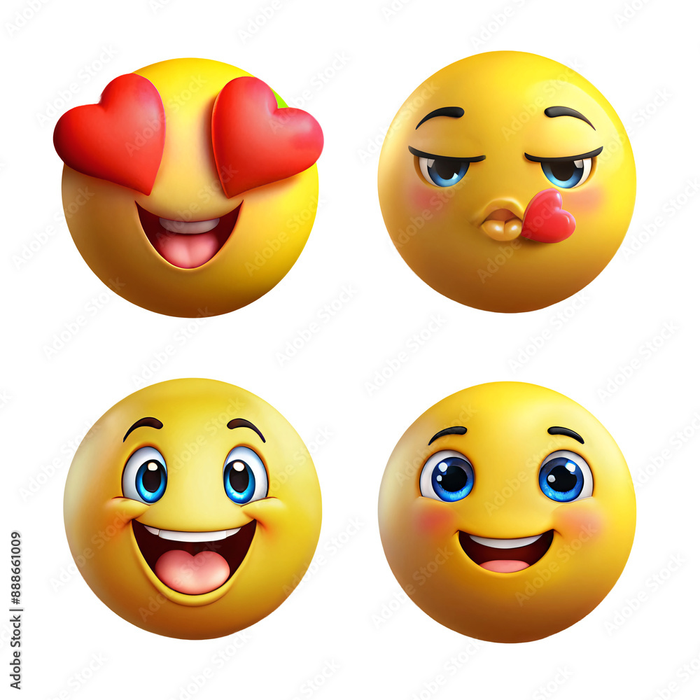 Yello emoji 3d render in variety of emotions. Love with heart graphic icon, Excitement, Kissing, Admiration Yello emoji 3d render in variety of emotions. Love with heart graphic icon, Excitement, Kissing, Admiration