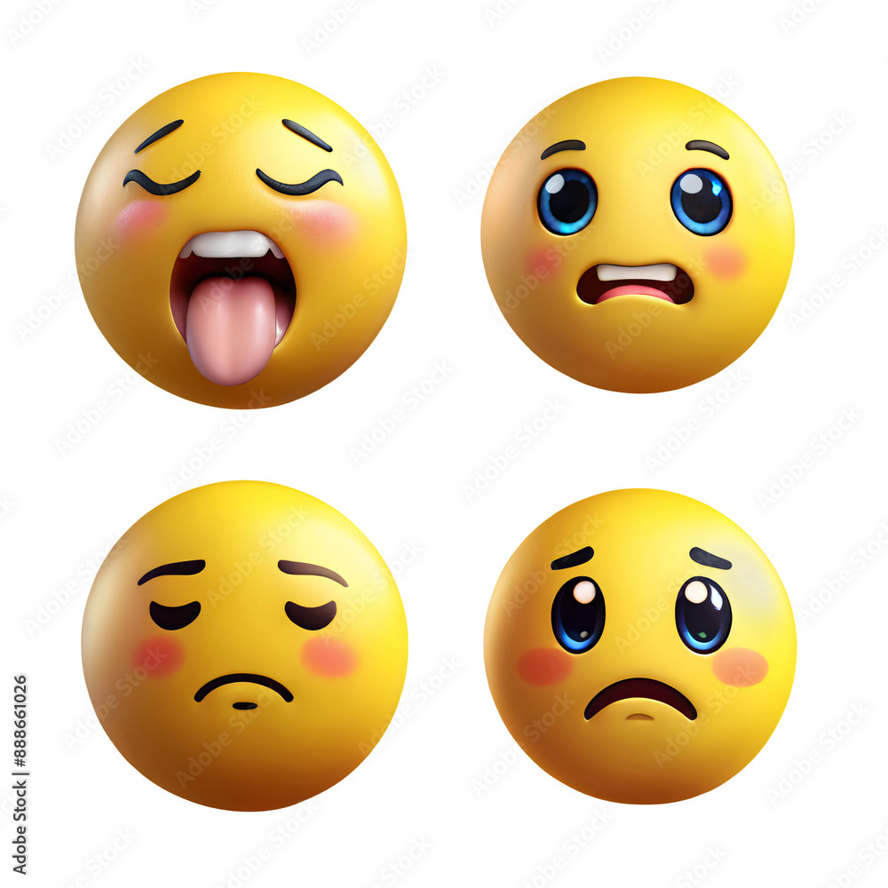 Fototapeta premium Yello emoji 3d render in variety of emotions. Disgust, Fear, Loneliness, Sad.