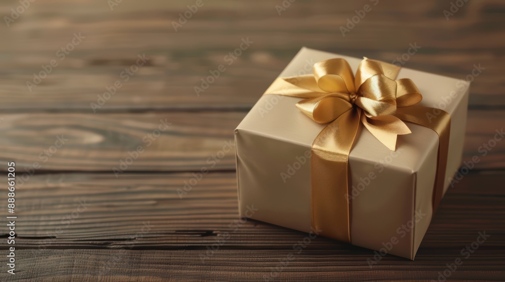 Elegant Gift Box with Golden Ribbon on Rustic Wooden Table - Perfect for Celebrations, Holidays, and Special Occasions Elegant Gift Box with Golden Ribbon on Rustic Wooden Table - Perfect for Celebrations, Holidays, and Special Occasions