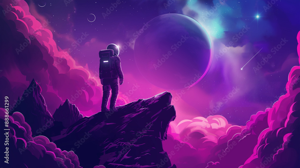 Fototapeta premium Game space planet with neon color and galaxy background, Illustration