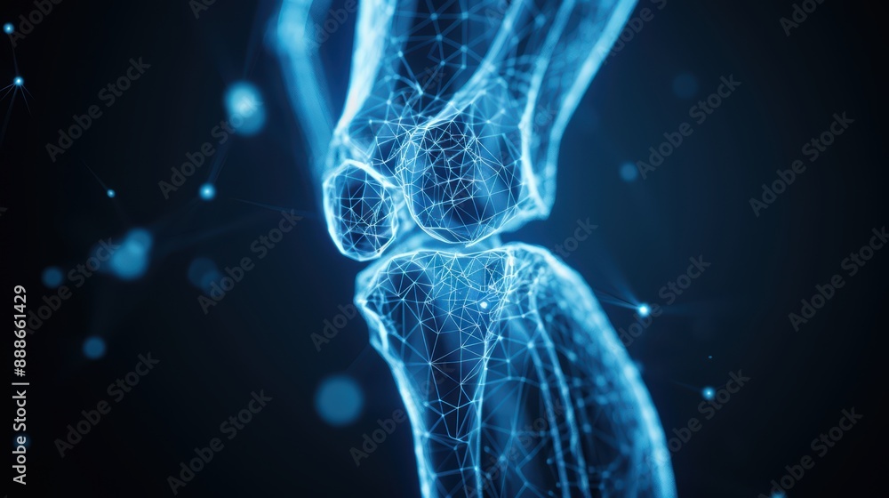 Futuristic Digital Illustration of Human Knee Joint with Glowing Blue Network Connections Futuristic Digital Illustration of Human Knee Joint with Glowing Blue Network Connections